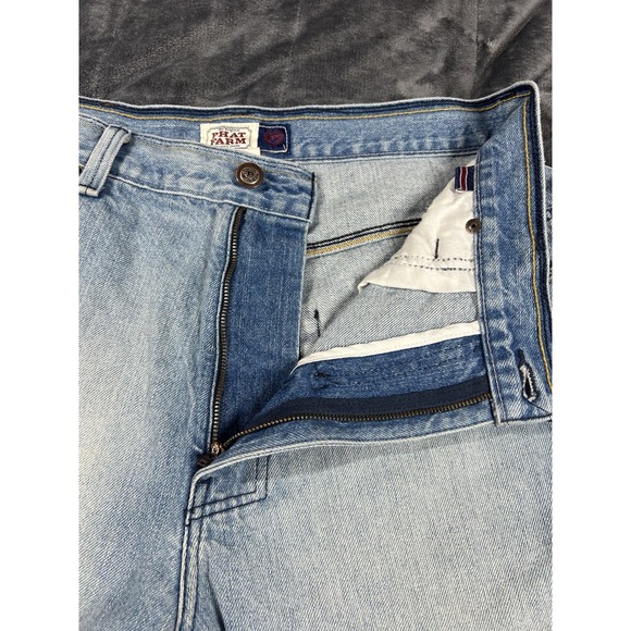 Vtg Phat Farm Shorts Mens 34 Wide Leg Baggy Jean Blue Denim Long Embroidered Y2K - Picture 2 of 13